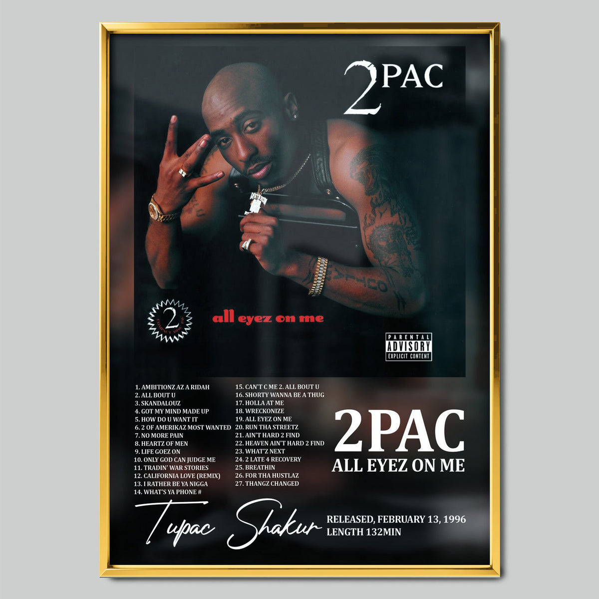 2Pac - All Eyez On Me музикален постер със златиста рамка