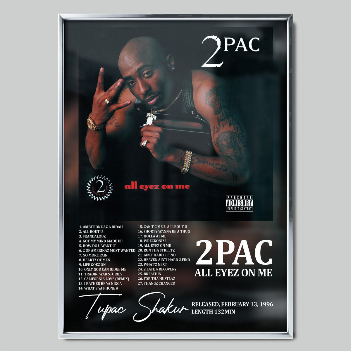 2Pac - All Eyez On Me музикален постер със сребриста рамка