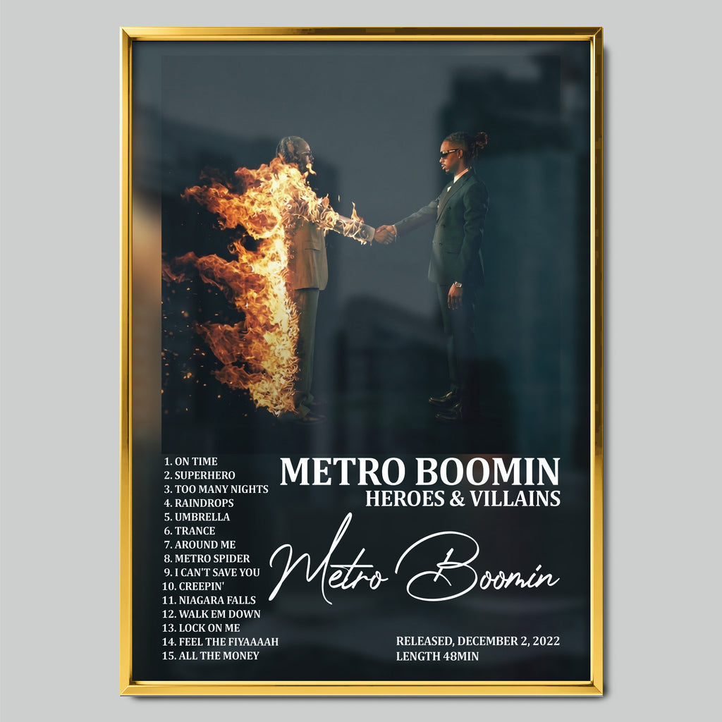 METRO BOOMIN - HEROES & VILLAINS музикален постер със златиста рамка