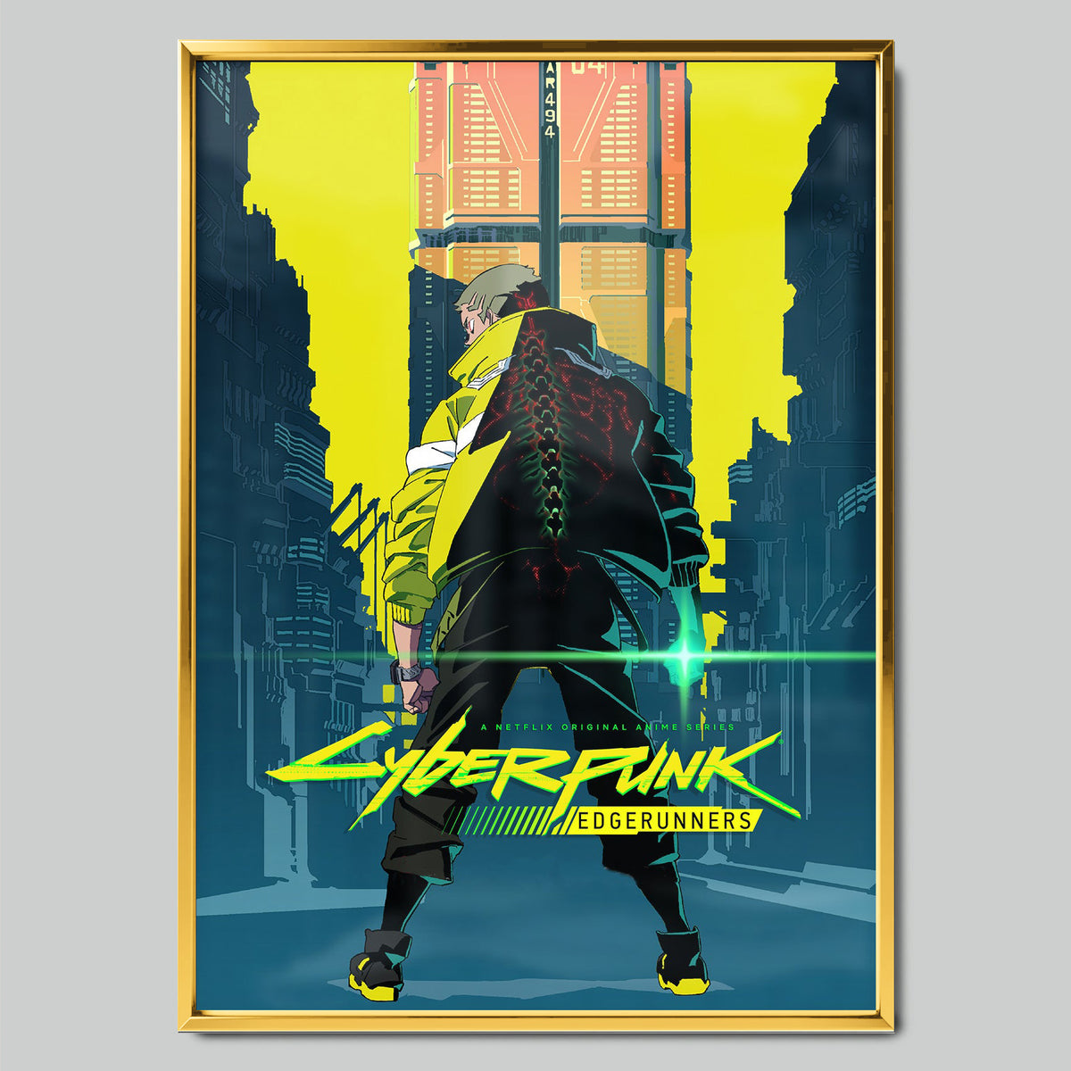 Cyberpunk: Edgerunners аниме постер със златиста рамка
