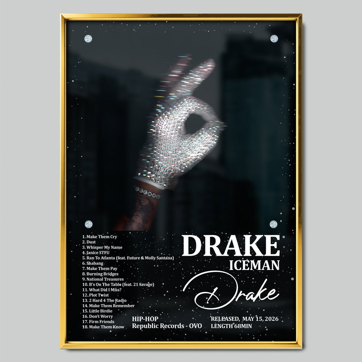 Drake ICEMAN музикален постер със златиста рамка