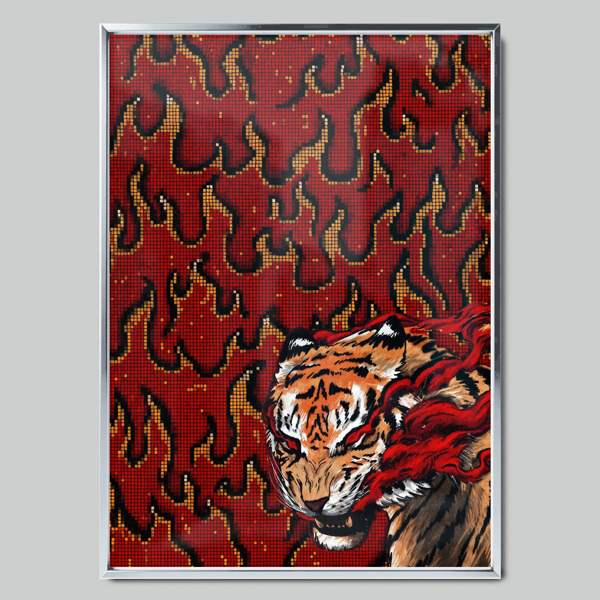 Flame Tiger арт постер със сребриста рамка