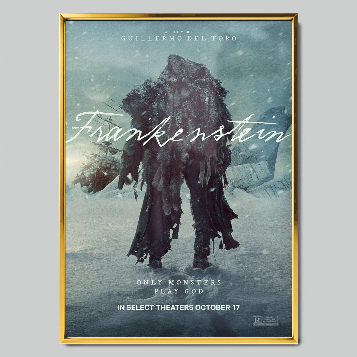 Frankenstein 2025 филмов постер със златиста рамка