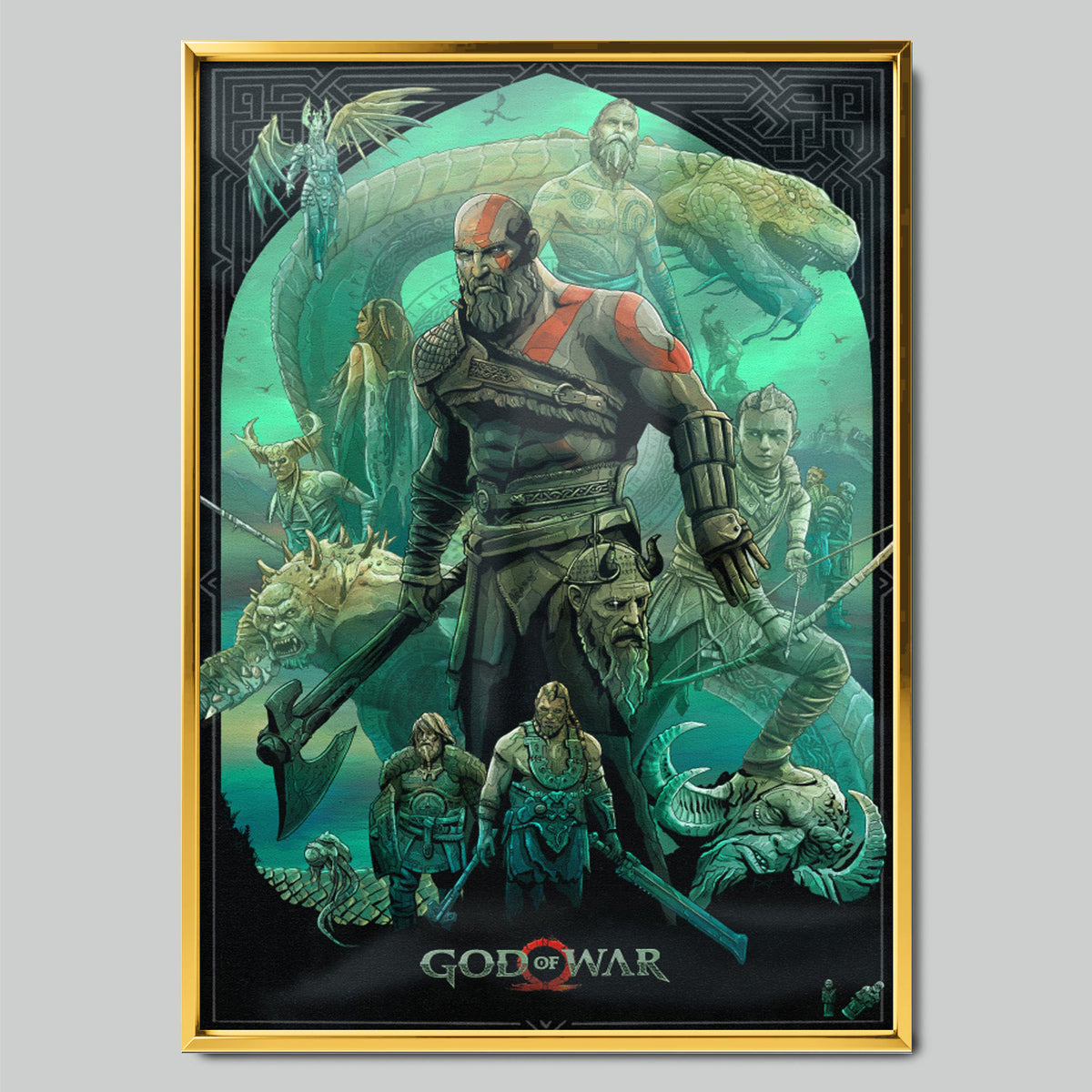God of War геймърски постер със златиста рамка