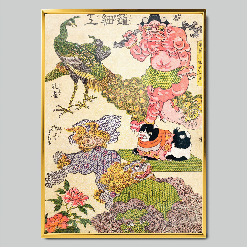 Japanese Woodblock Print with Peacock арт постер със златиста рамка