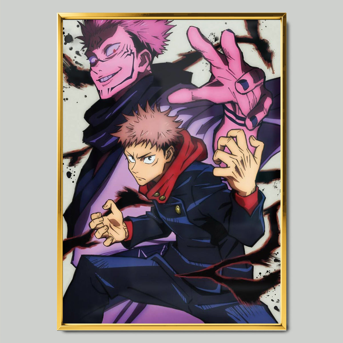 Jujutsu Kaisen Yuji Itadori аниме постер със златиста рамка