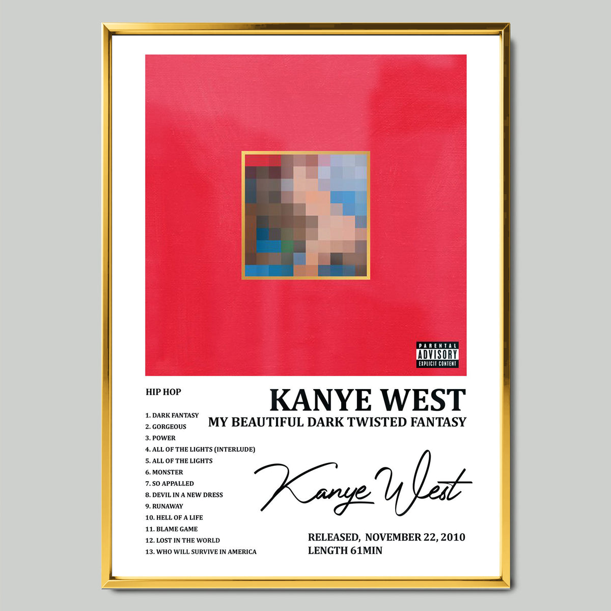 Kanye West - My Beautiful Dark Twisted Fantasy музикален постер със златиста рамка