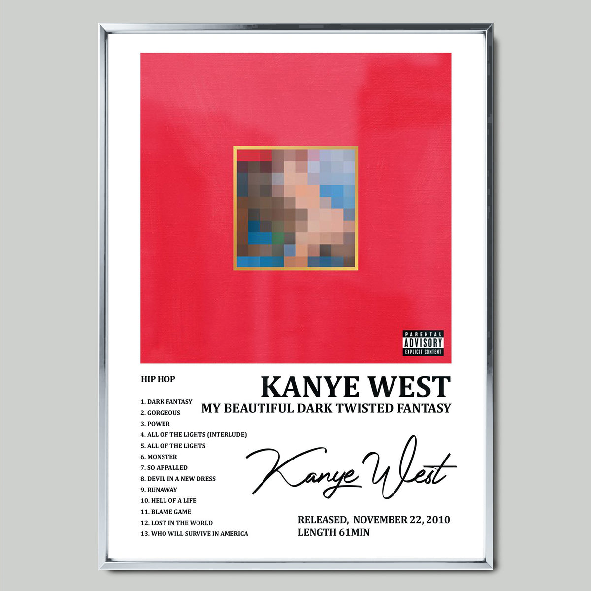 Kanye West - My Beautiful Dark Twisted Fantasy музикален постер със сребриста рамка