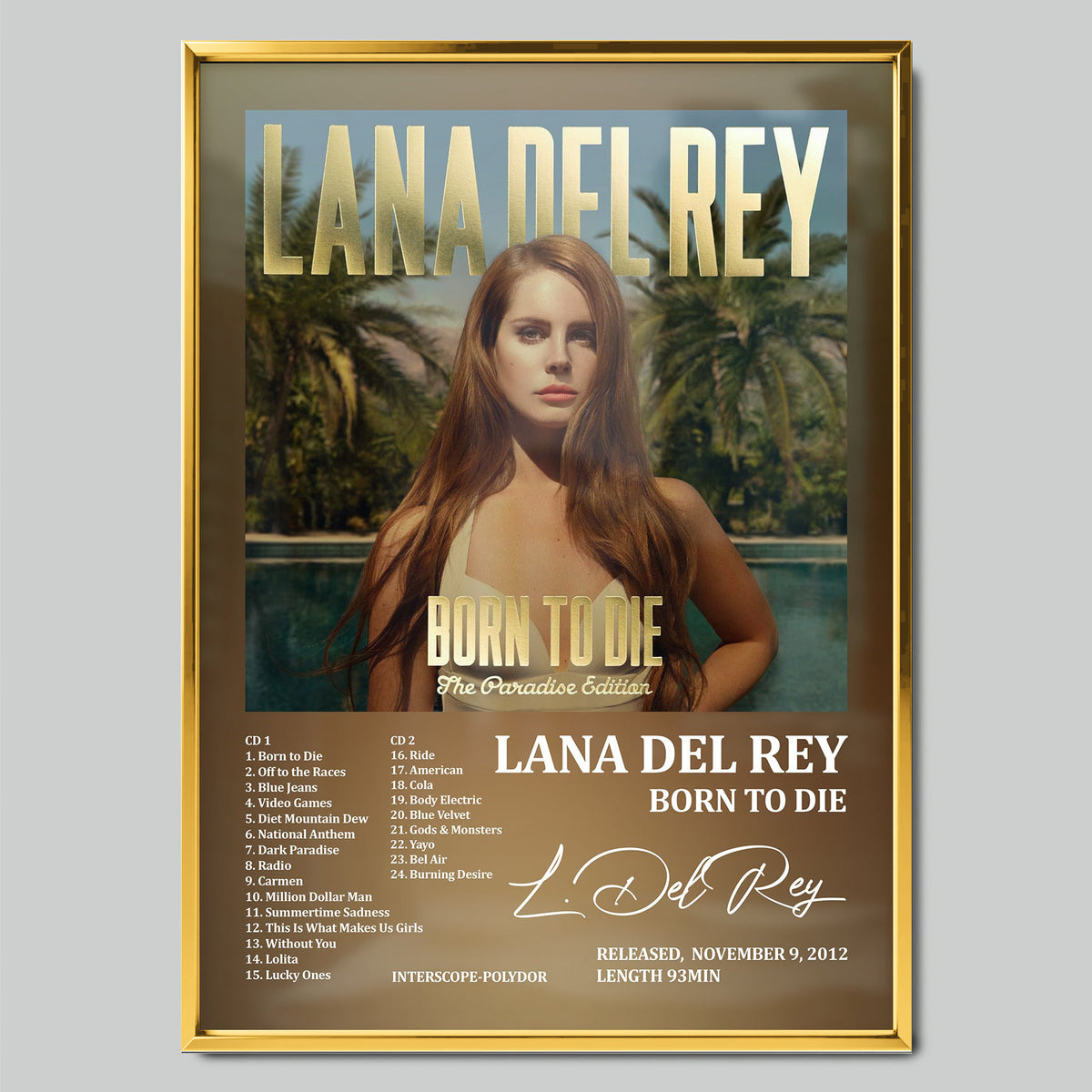 Lana Del Rey - Born to Die музикален постер със златиста рамка