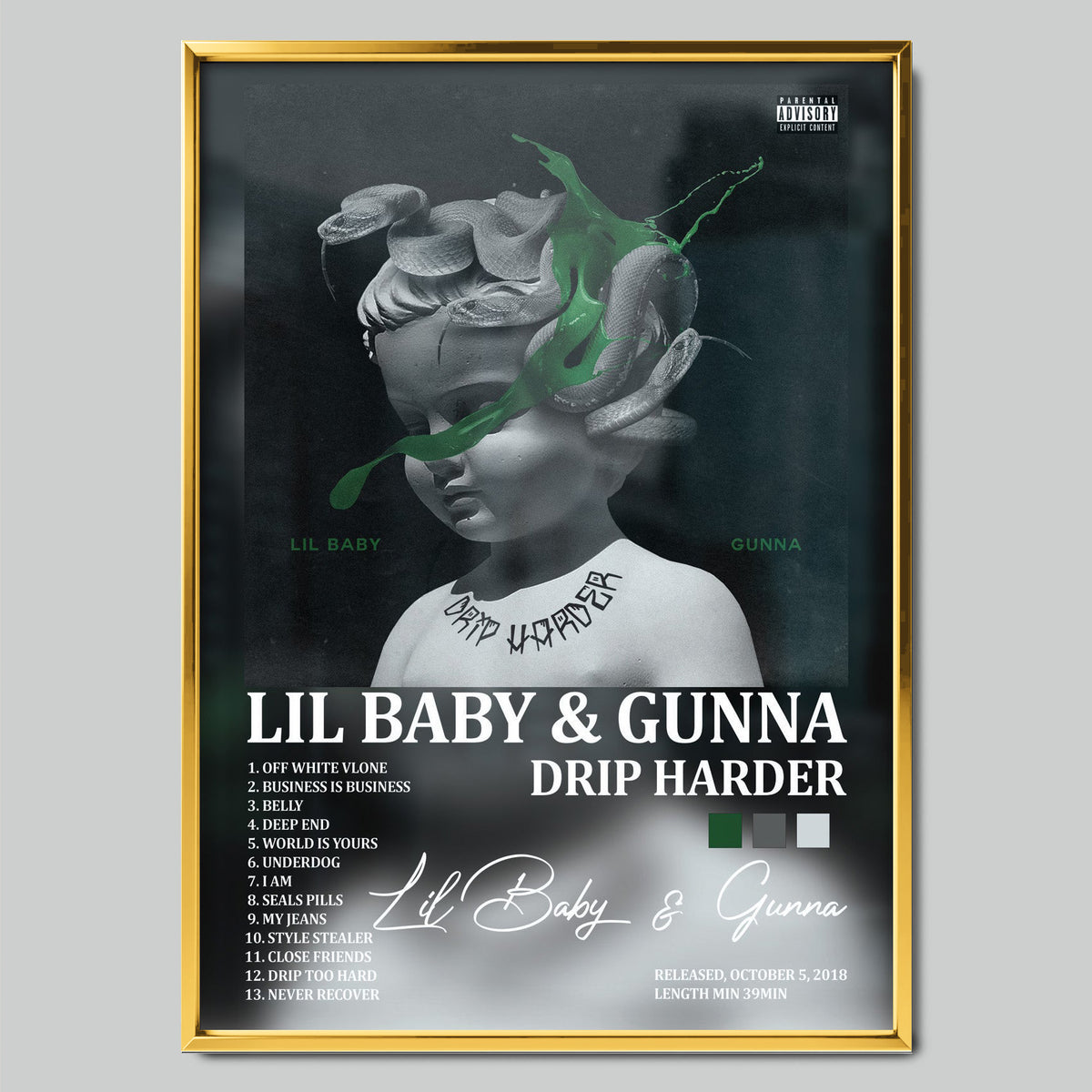 LIL BABY & GUNNA - DRIP HARDER музикален постер със златиста рамка