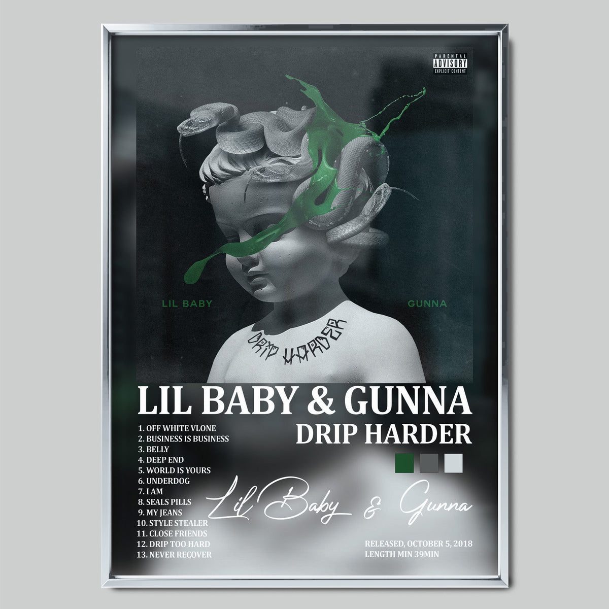 LIL BABY & GUNNA - DRIP HARDER музикален постер със сребриста рамка