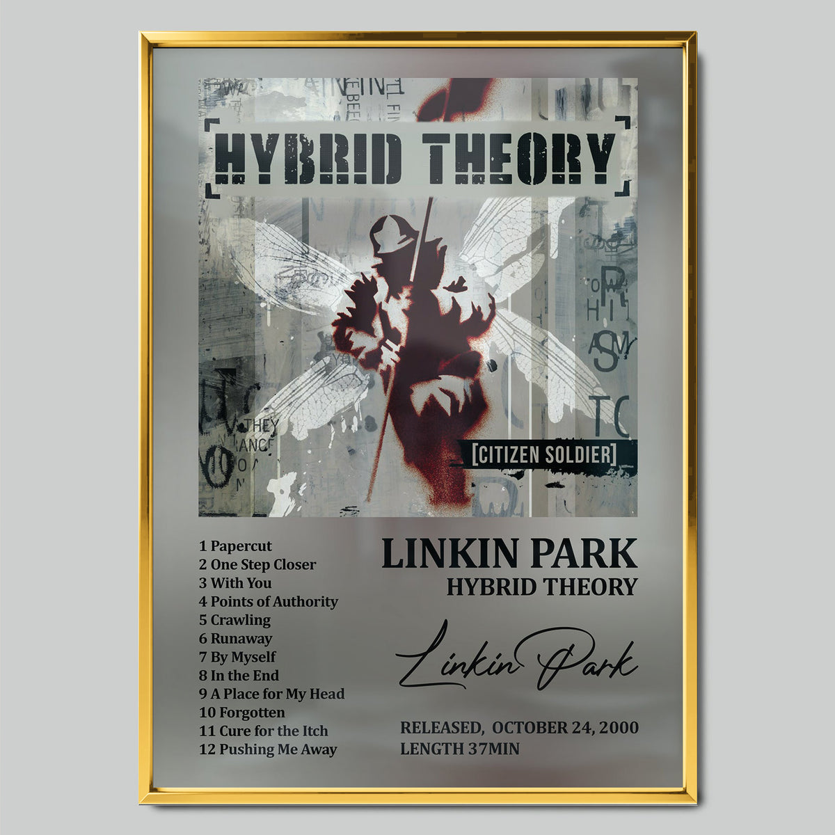 Linkin Park – Hybrid Theory музикален постер със златиста рамка