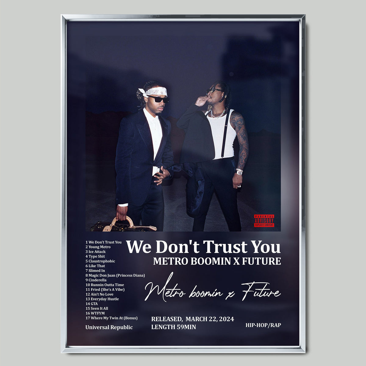 Metro Boomin X Future – We Don’t Trust You музикален постер със сребриста рамка