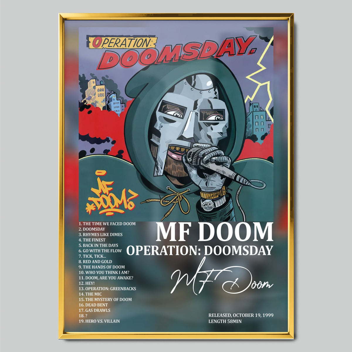 MF DOOM - Operation: Doomsday музикален постер със златиста рамка