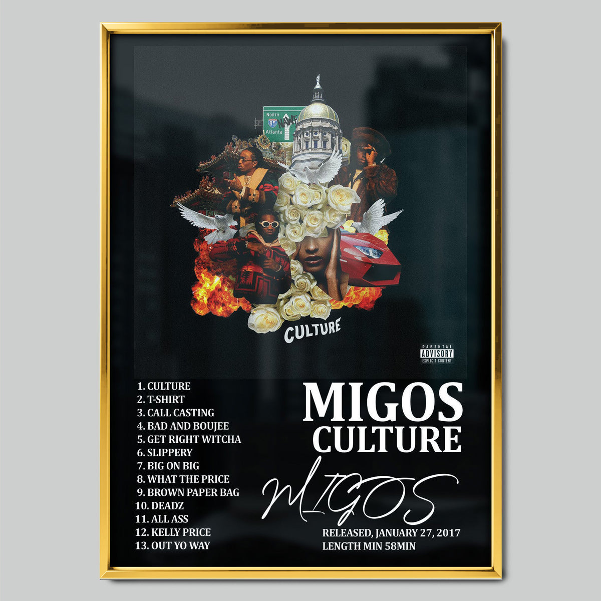 Migos - Culture музикален постер със златиста рамка