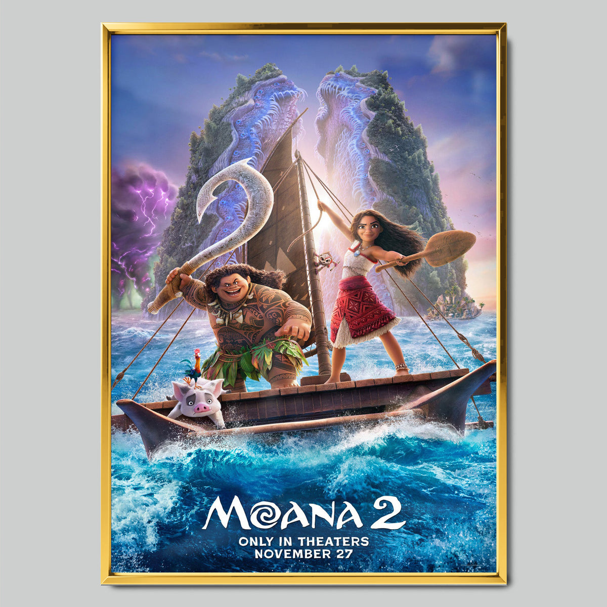 Moana 2 филмов постер със златиста рамка