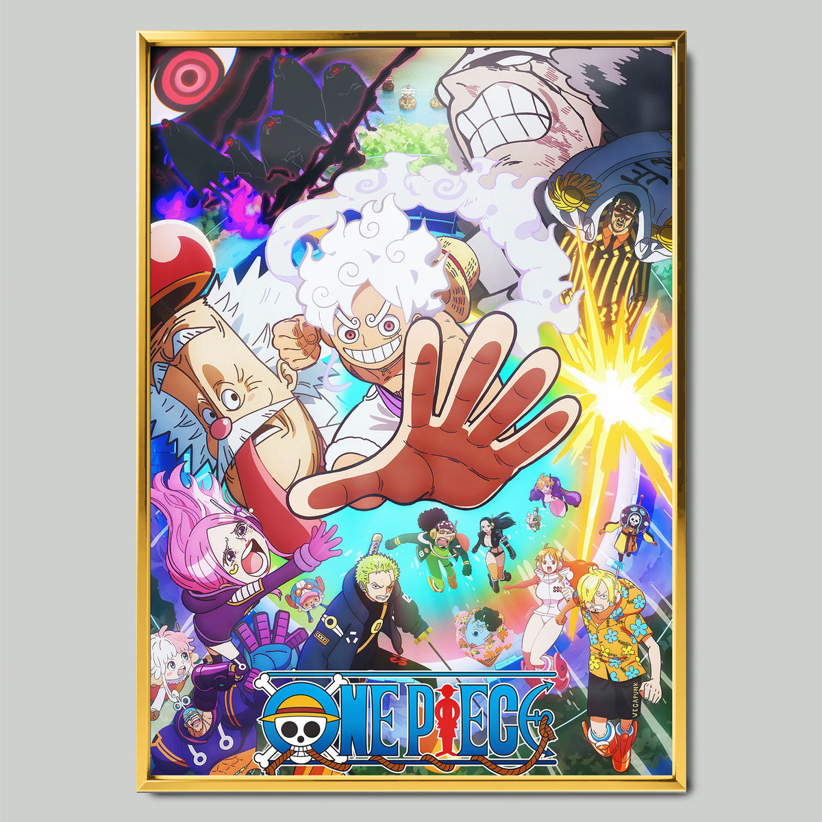 One Piece Egghead Arc аниме постер със златиста рамка