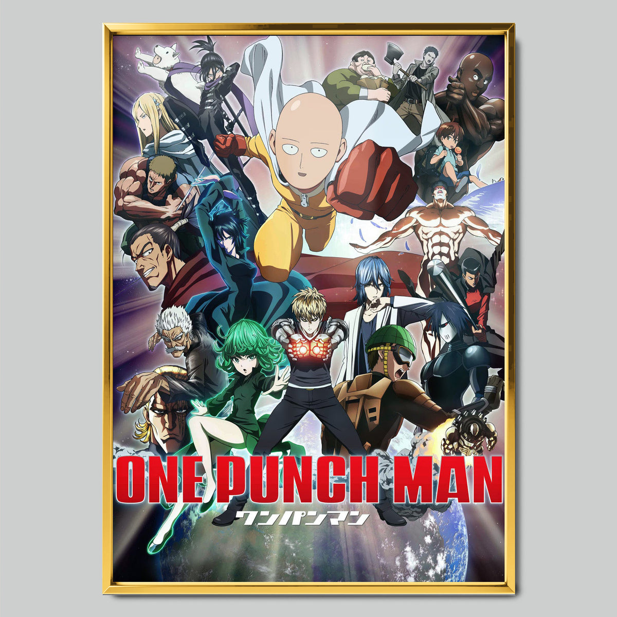 One Punch Man аниме постер със златиста рамка