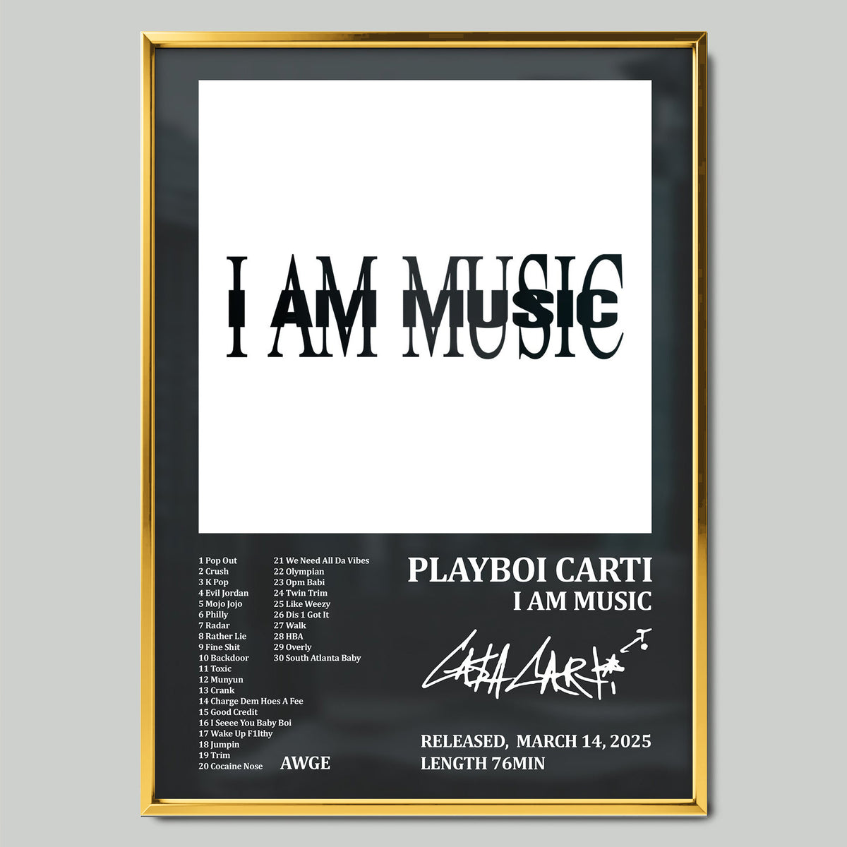 Playboi Carti – I AM MUSIC музикален постер със златиста рамка