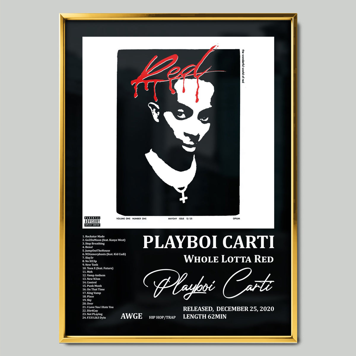 Playboi Carti - Whole Lotta Red музикален постер със златиста рамка