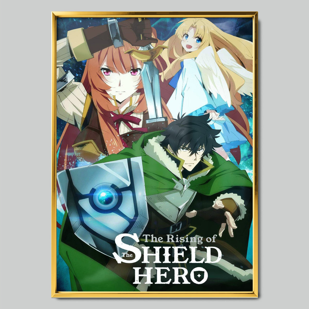 The Rising of the Shield Hero аниме постер със златиста рамка