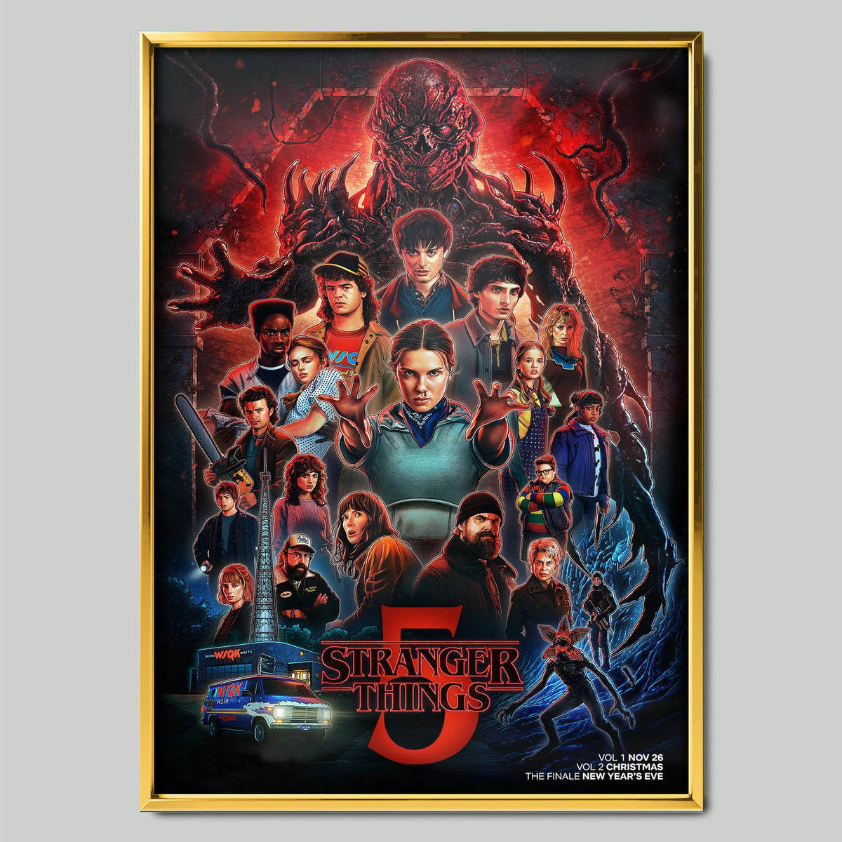 Stranger Things 5 филмов постер със златиста рамка