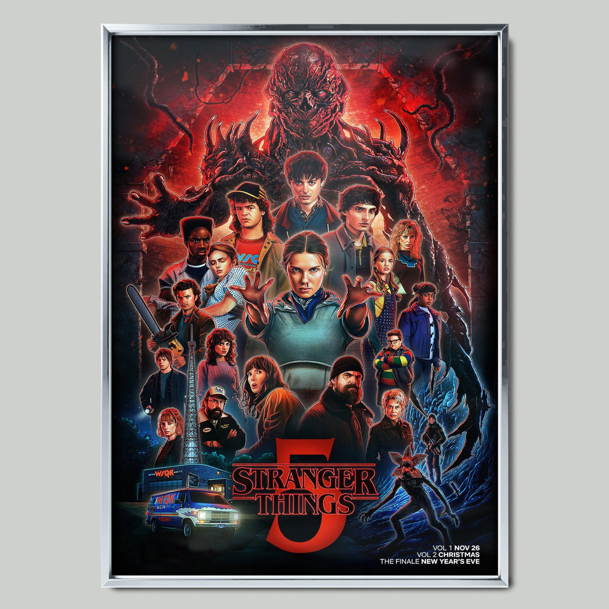 Stranger Things 5 филмов постер със сребриста рамка
