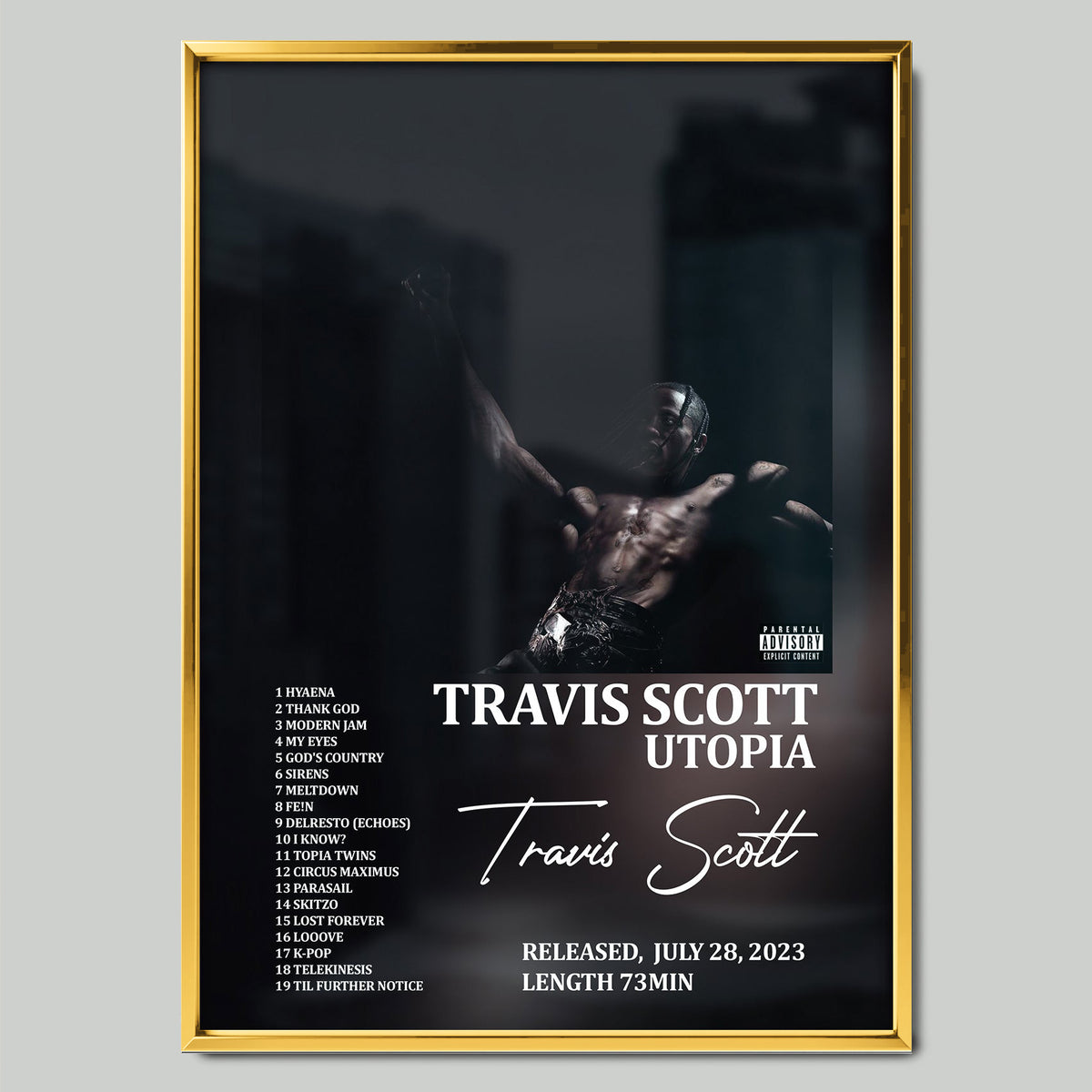 Travis Scott – UTOPIA музикален постер със златиста рамка
